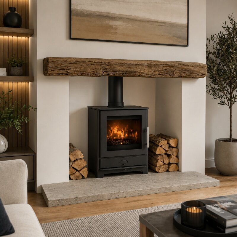 A Bideford rustic non-combustible beam above a wood burning stove