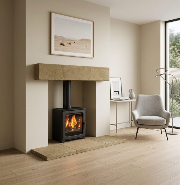 Aged gritstone beam fireplace with a matching five-piece gritstone hearth and a wood burning stove