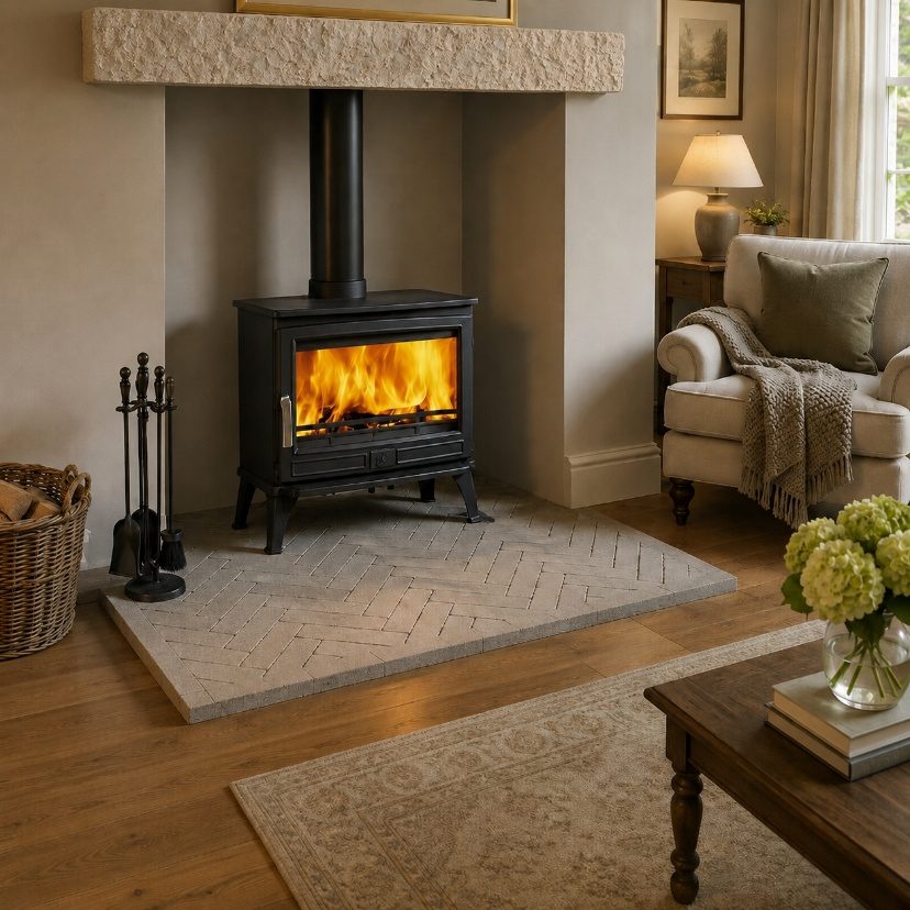 Aged sandstone beam above stone herringbone fireplace tiles