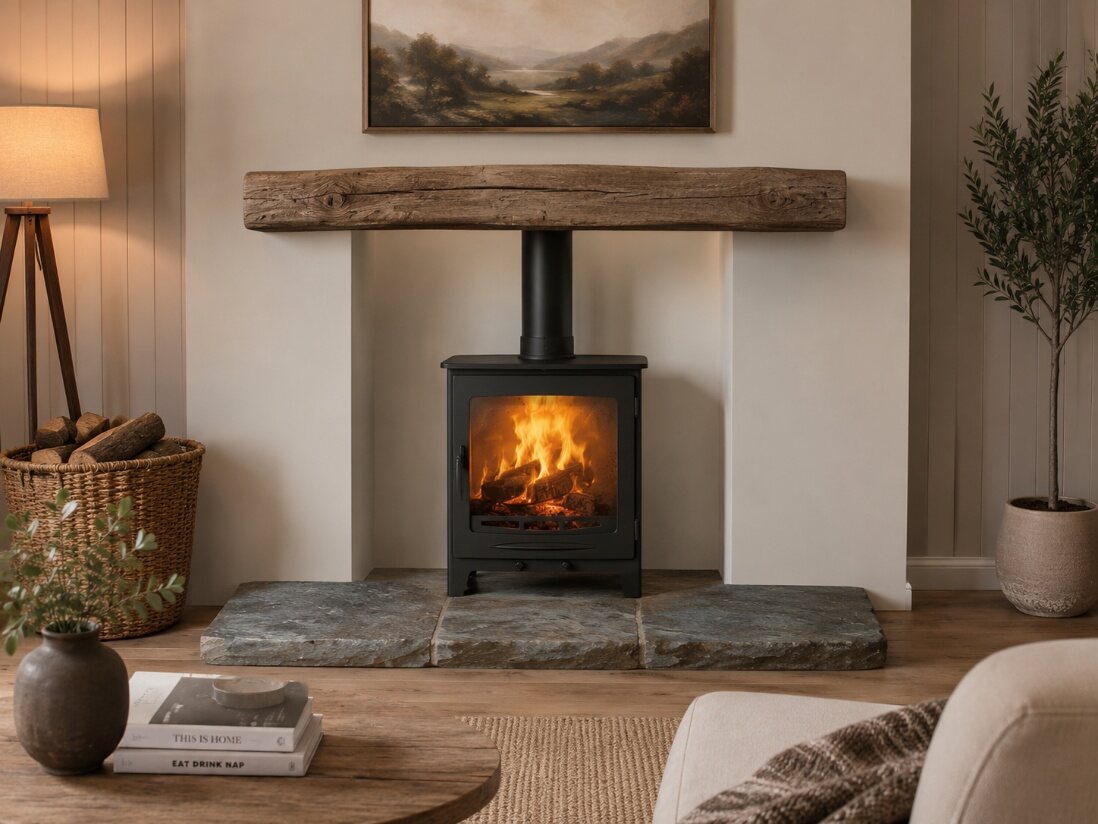 A Clovelly rustic non-combustible beam above a wood burning stove