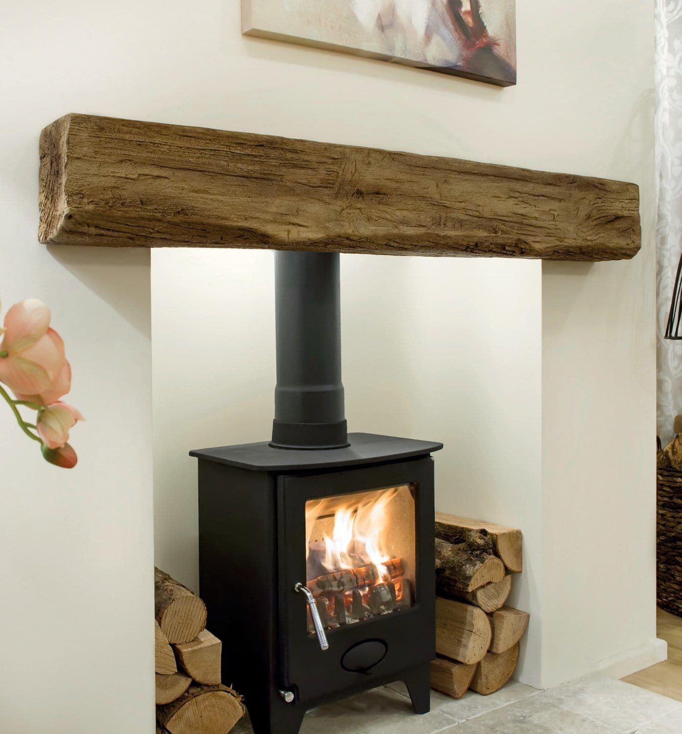 A non-combustible Inglebeam above a wood burning stove