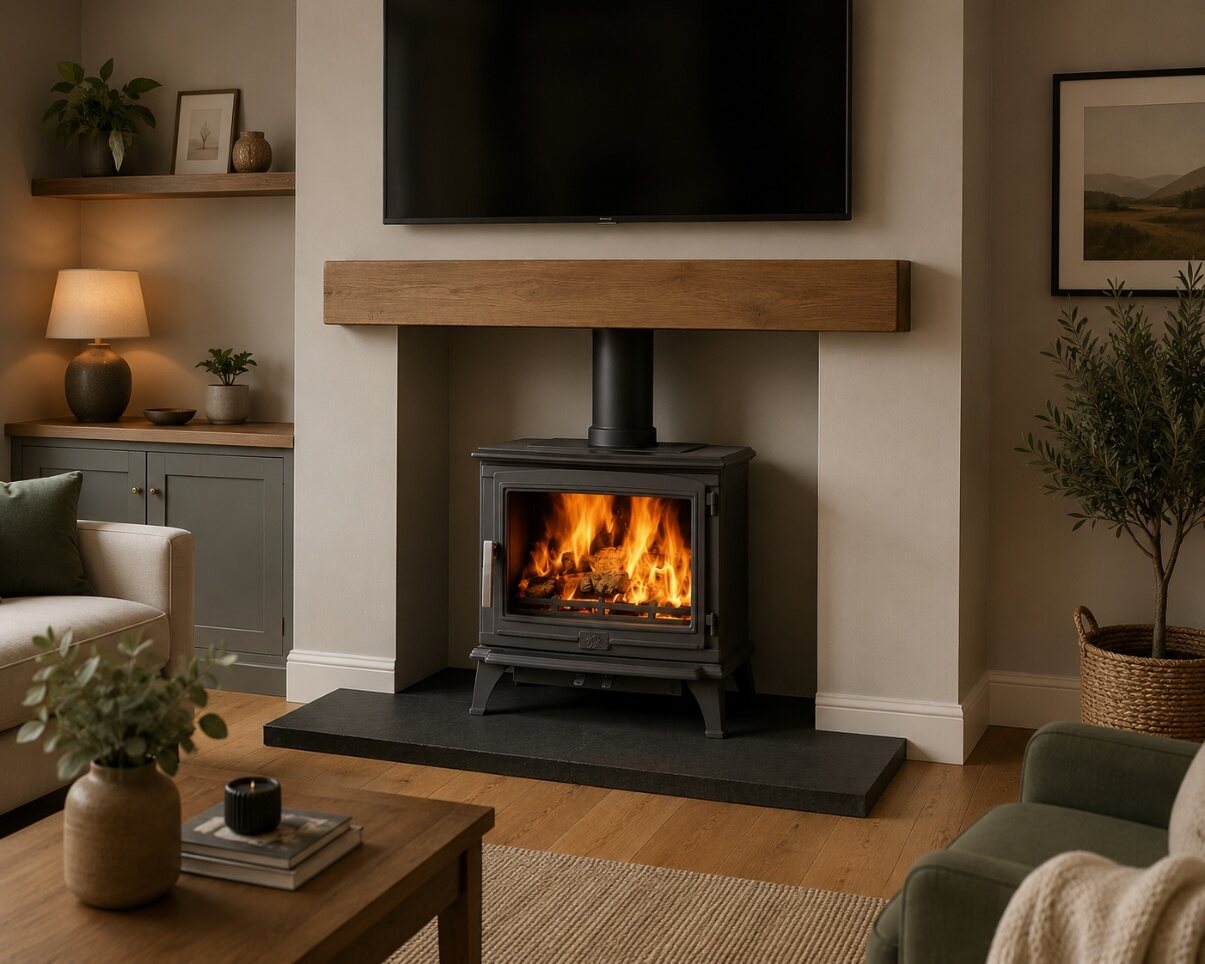 A non-combustible oak-style beam above a wood burning stove