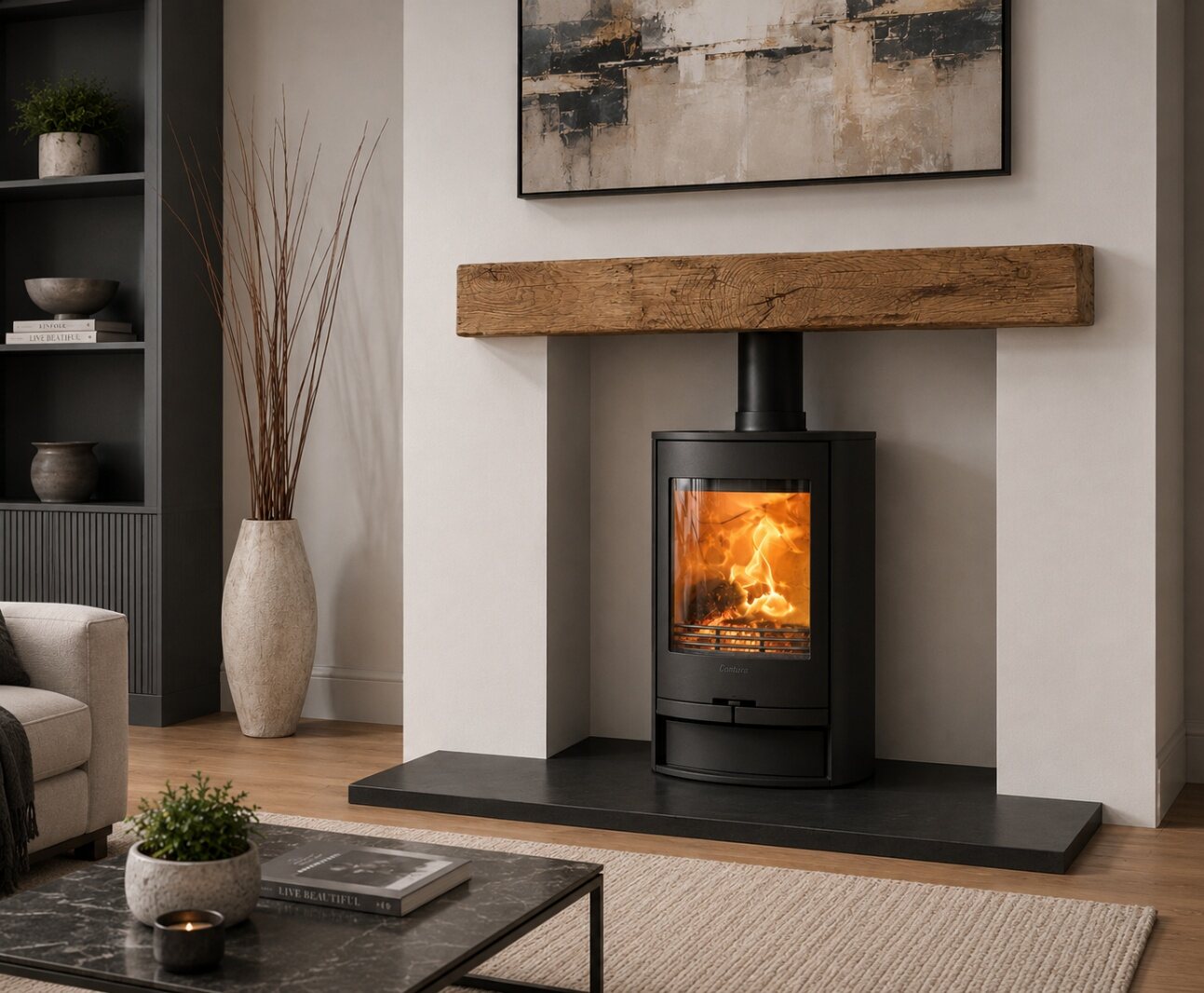 A Widecombe non-combustible beam above a wood burning stove