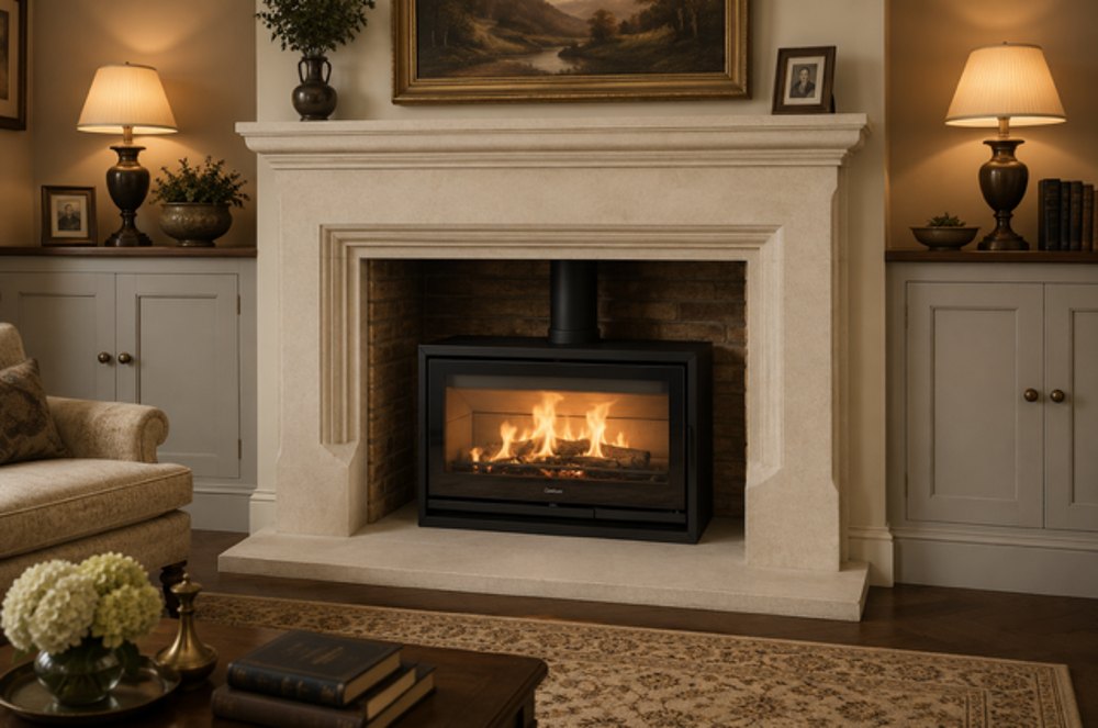 The Broadway English limestone fireplace with a wide chamber opening and a rustic brick chamber