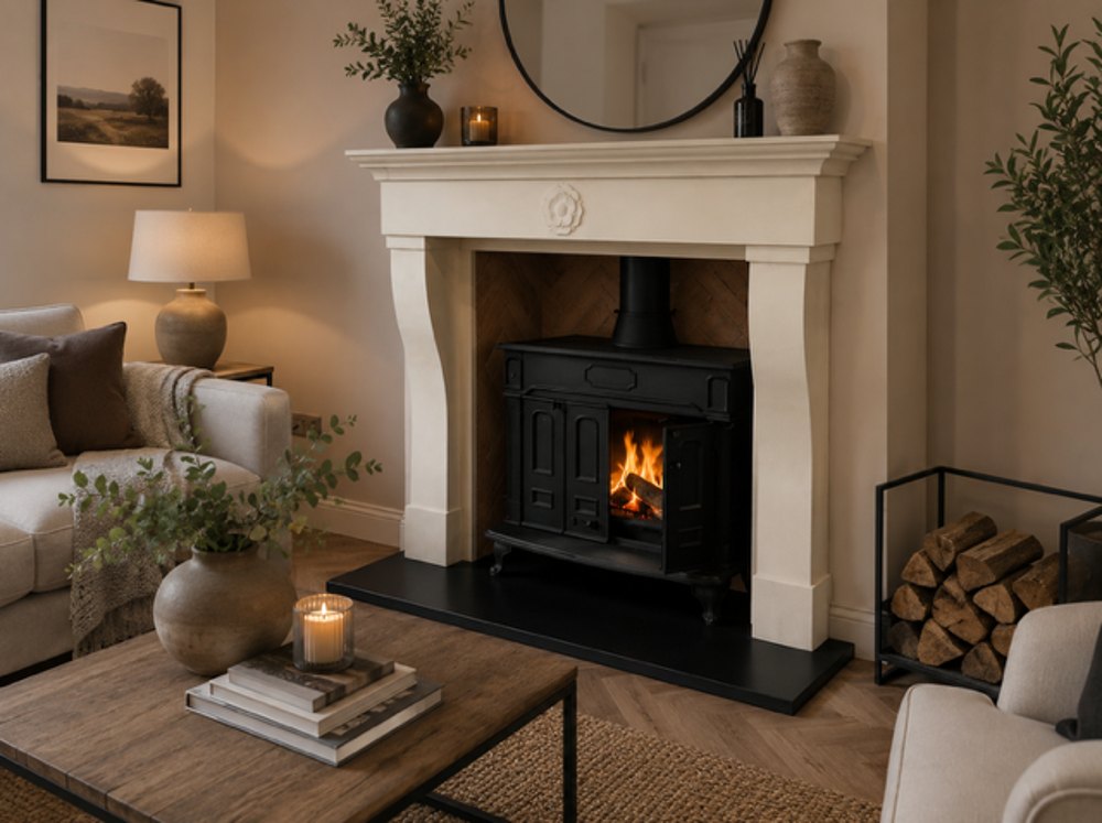 The Provence made to measure limestone fireplace with a carved header detail and a herringbone brick chamber