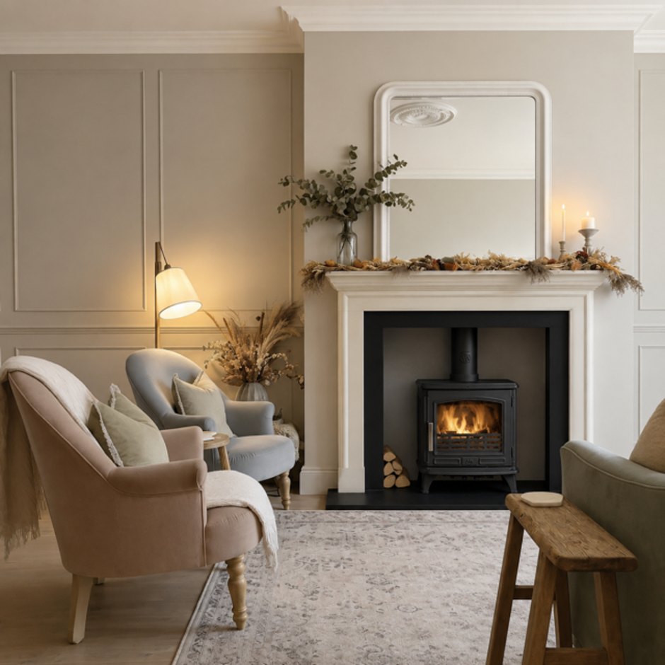 The Soho Frame natural limestone fireplace with a recessed stove in a painted chamber