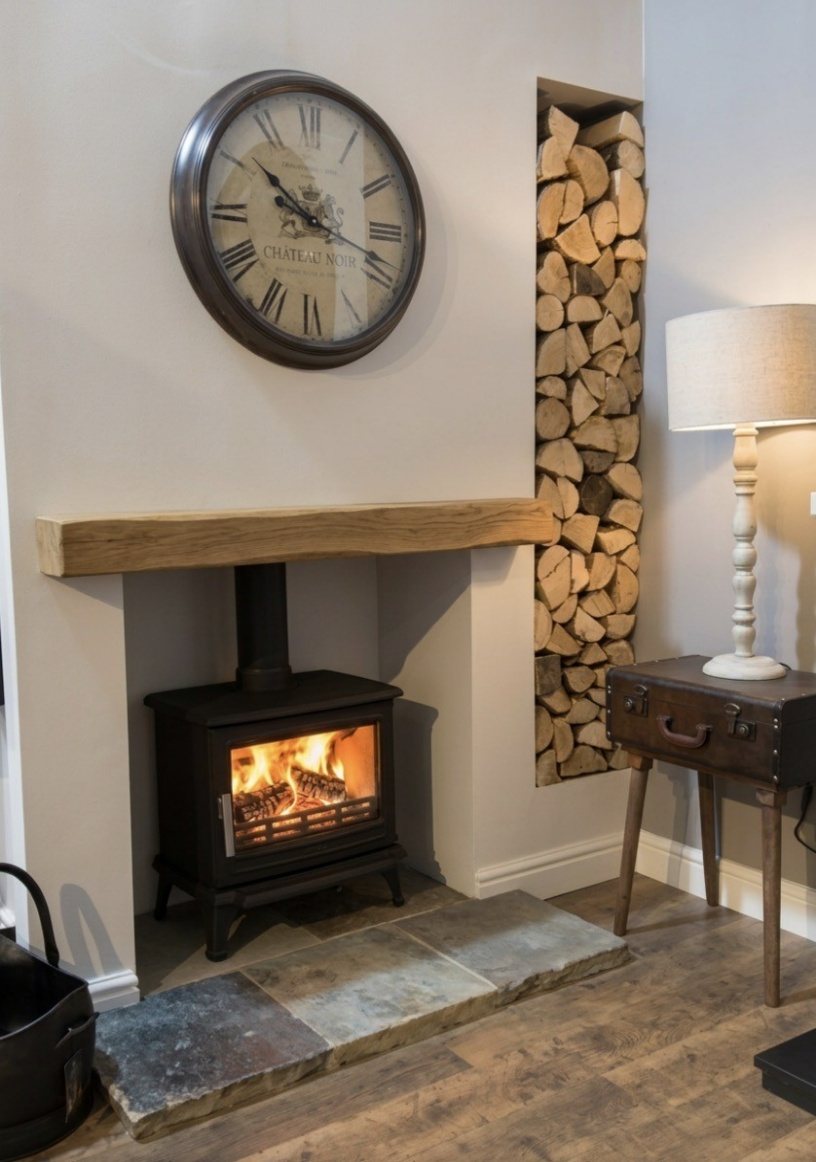 ACR Rowandale multi-fuel stove on a reclaimed York stone hearth fitted at Nether Poppleton near York