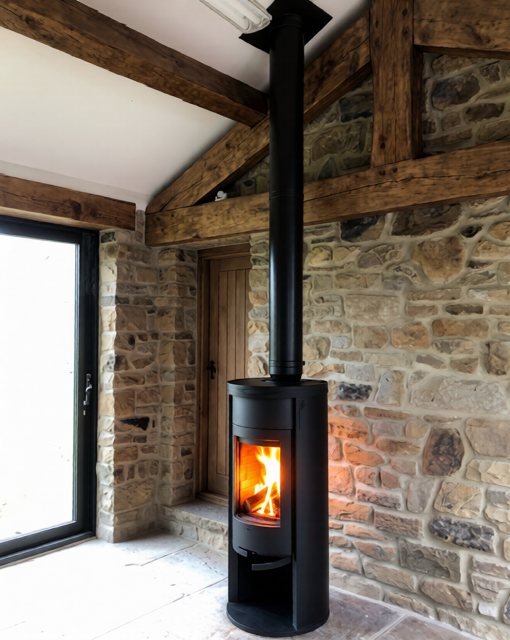 Contura 620 wood burning stove and twin-wall flue fitted by Carl Finnell in an Earby barn conversion near Skipton