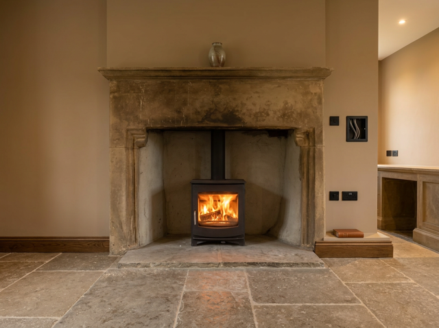 Dik Geurts Ivar 5 wood-burning stove fitted in a grand stone fireplace in Pickering