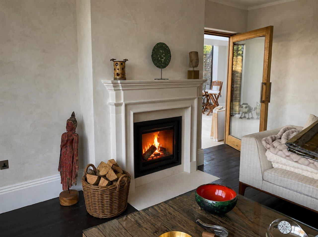 The living room: made to measure Clarence limestone fireplace with a Dik Geurts Instyle fire