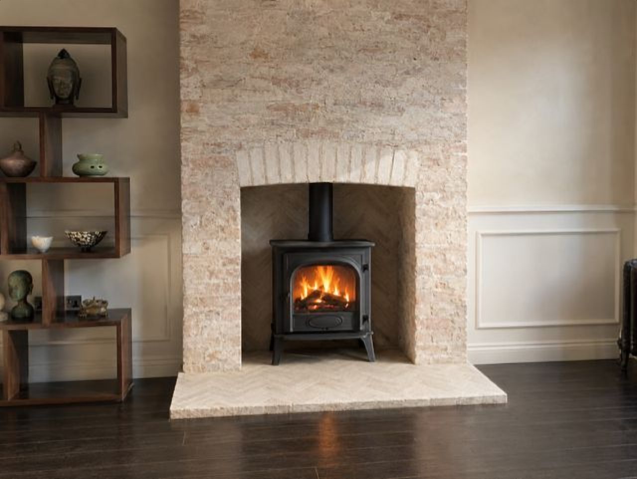 After: the restored brick surround, herringbone hearth and Stovax Stockton 5