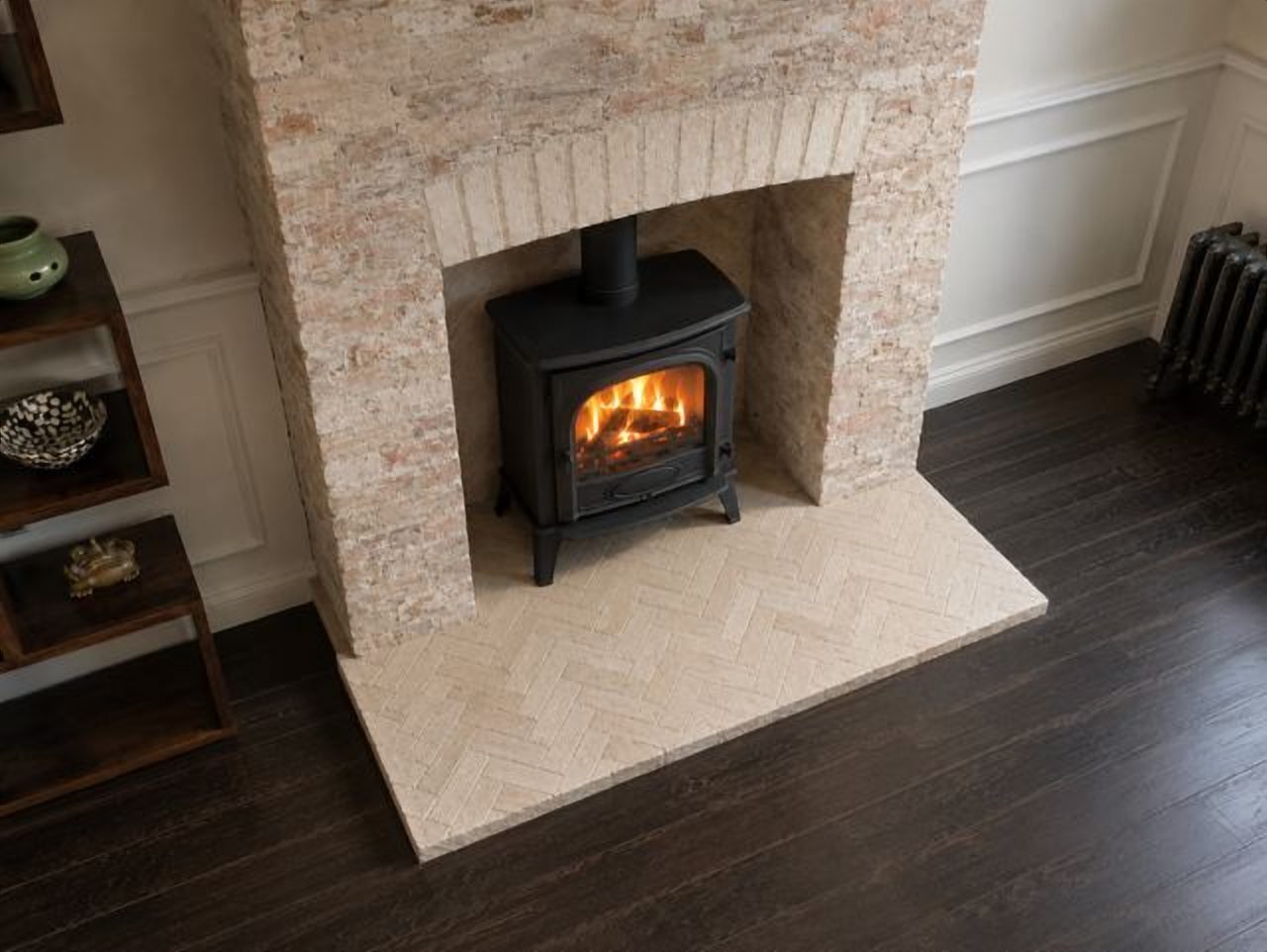 The reception room: restored brick surround with the Stovax Stockton 5