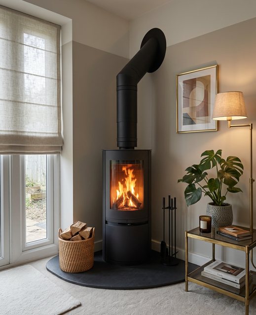 Poppy corner stove on a shaped granite hearth fitted by Carl Finnell in Wetherby
