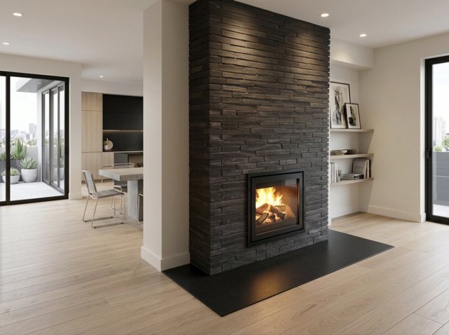 Double-sided Dik Geurts Prostyle Tunnel stove set through a chimney breast in Adel, Leeds