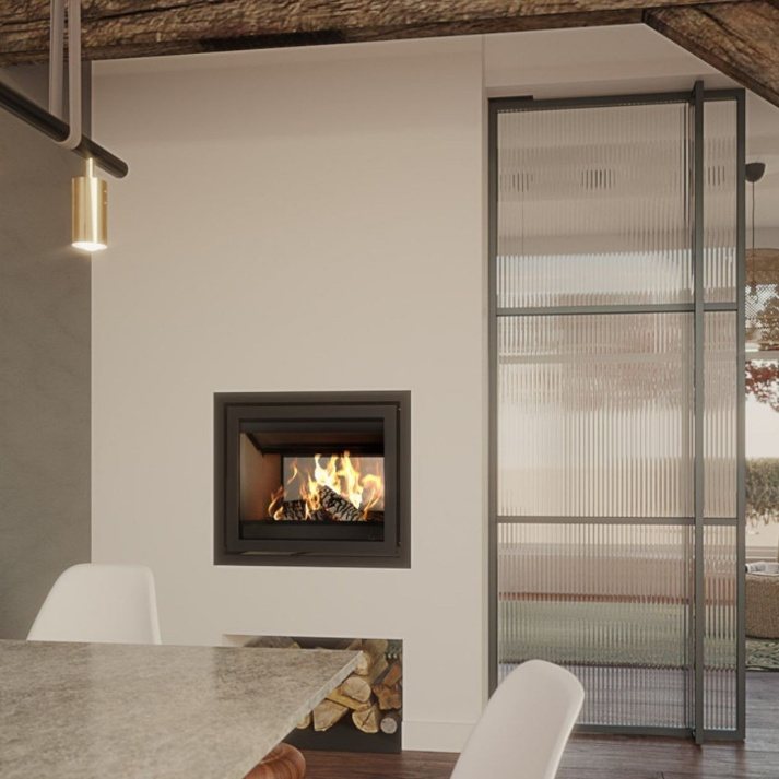 The same fire from the room on the other side, showing the second set of glazed doors and concealed handles.