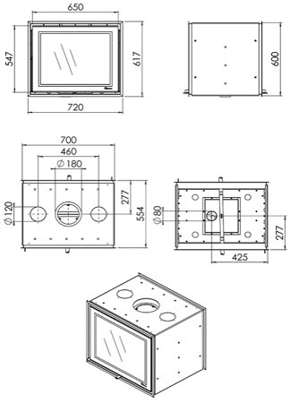 Manufacturer line drawing for the Prostyle 700 Tunnel, showing dimensions and flue positions.