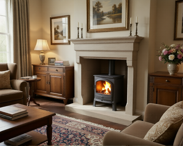 Slaidburn sandstone fireplace reproduced by Carl Finnell for a Scarborough home