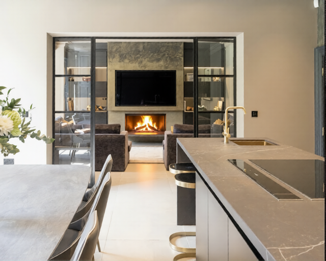 Spartherm Linear built-in wood fire in a Dekton feature wall at Barwick in Elmet