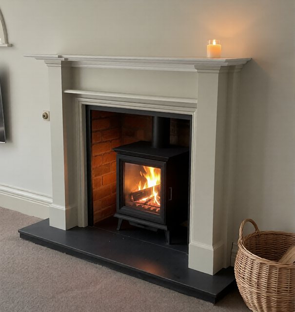 Painted timber fireplace surround with a brick chamber and wood burning stove