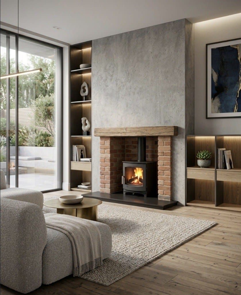 A wood burning stove in a contemporary red brick chamber