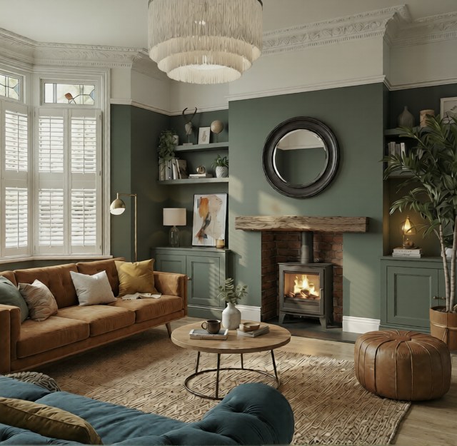 A wood burning stove in a brick chamber with an oak beam in a styled Yorkshire living room
