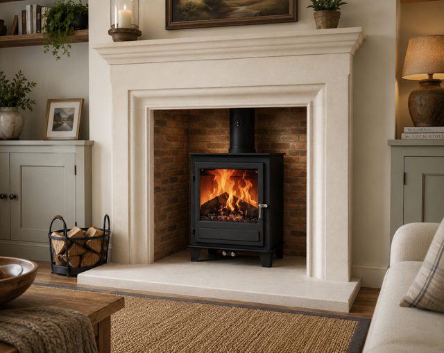 Earthstone porcelain brick stove chamber shown with a natural stone surround and Clock Blithfield 8 multi-fuel stove