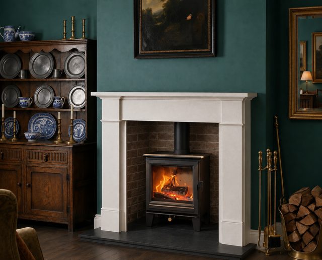 Heritage porcelain brick stove chamber shown with a Wardon limestone surround and Clock Sudbury 5 wood burning stove