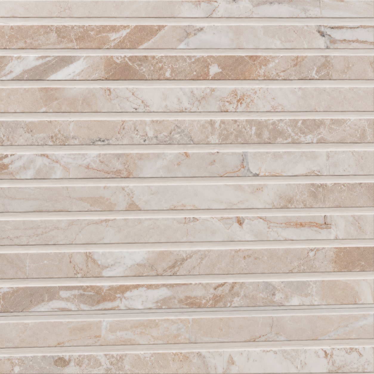 Linear Beige porcelain stove chamber with cream slatted porcelain panels