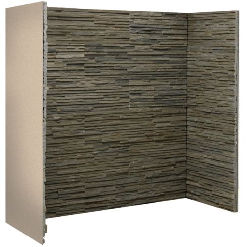 Staggered Olive Waterfall split face stove chamber with olive slate and charcoal tones