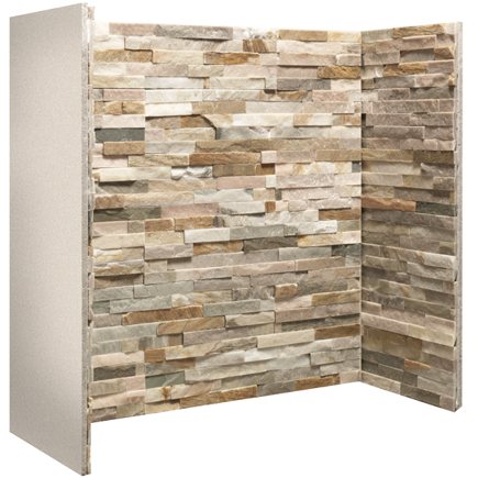 Staggered Oyster split face stove chamber corner unit in warm natural stone tones
