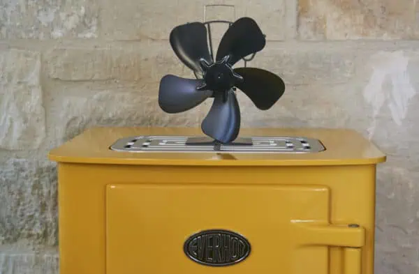 Everhot Stove Fan on a mustard Everhot stove