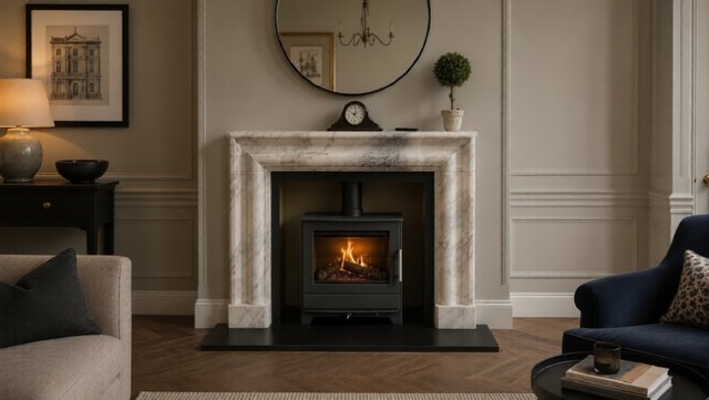 The Bolection Frame solid natural veined marble fireplace with an Antique Leather granite hearth