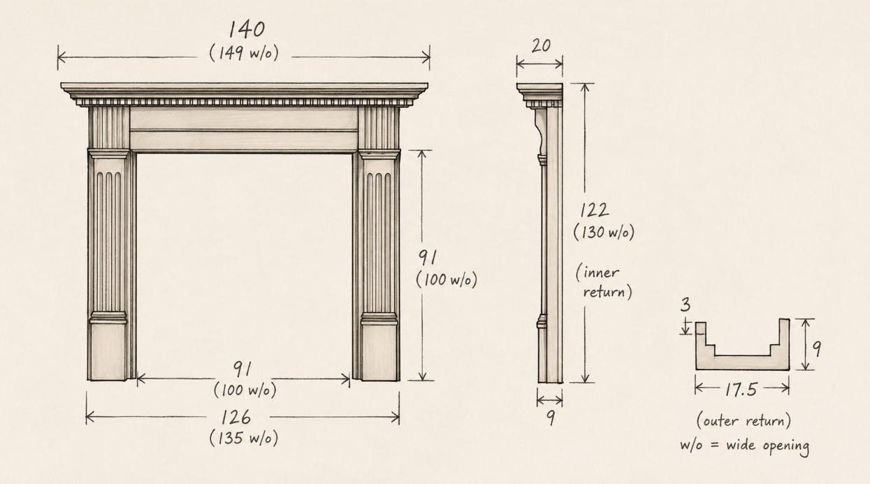 Caistor fireplace surround technical drawing with dimensions