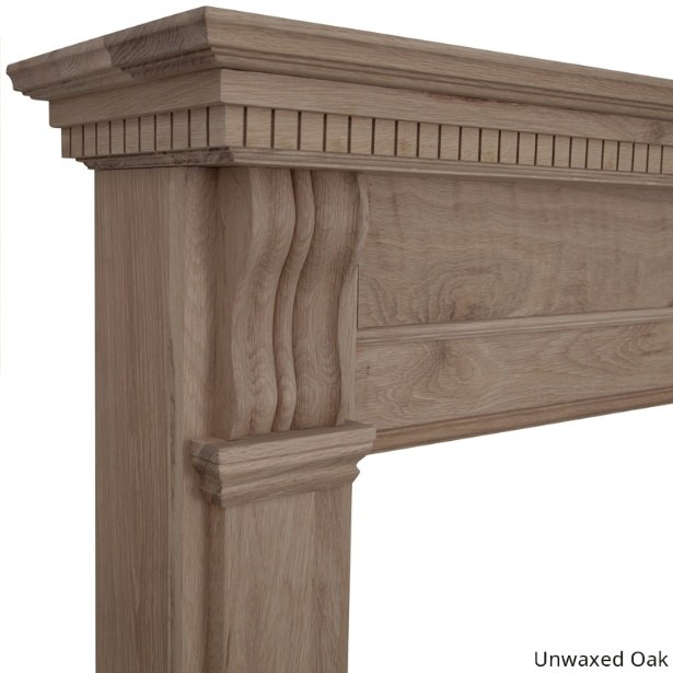 Caistor unwaxed oak mantel detail showing dentil moulding, fluted leg and carved capital