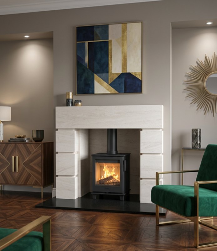 The Midland Art Deco natural Semiridgio limestone fireplace with a matching stone chamber and black granite hearth