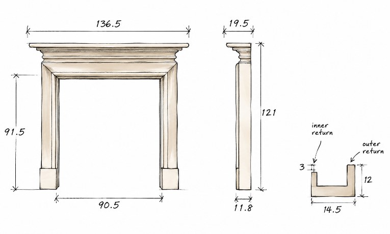 Welbourne fireplace section drawing with dimensions
