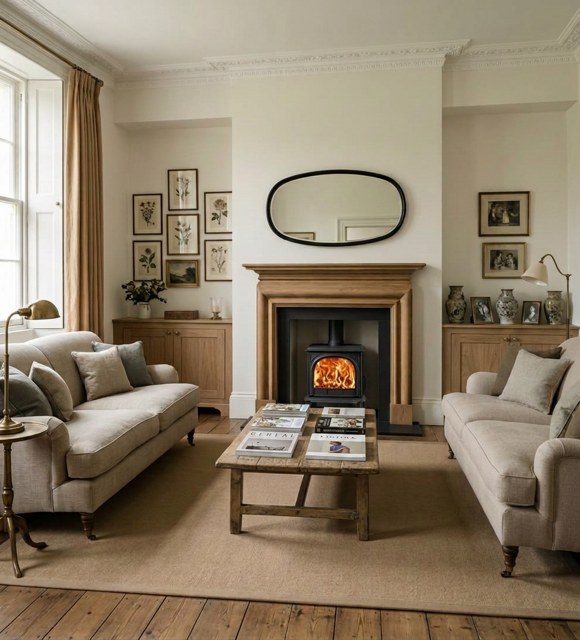 The Welbourne in waxed oak timber fireplace surround with a stove installation