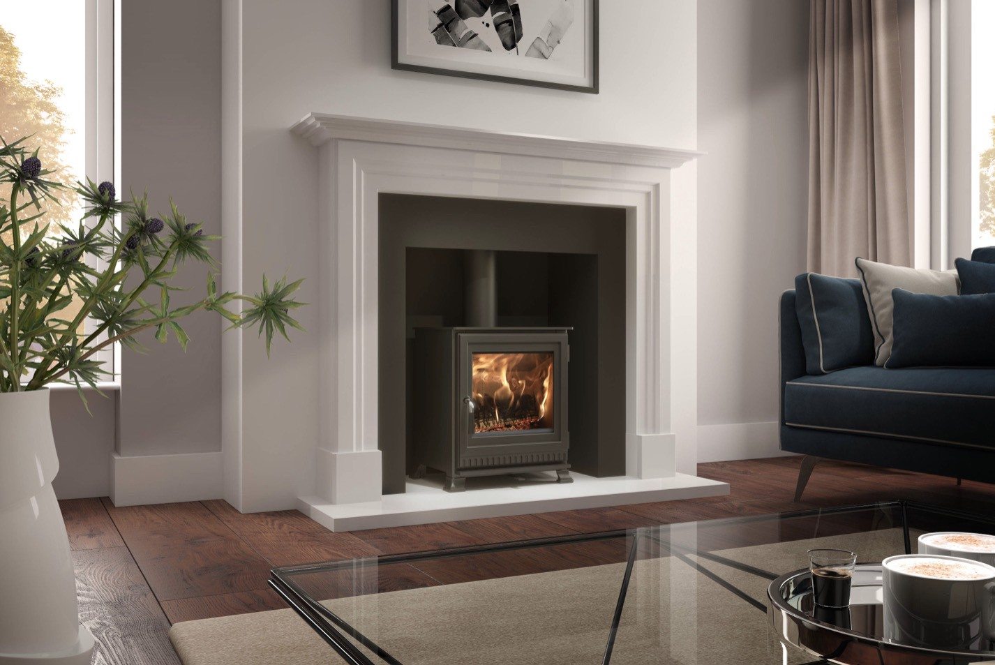 The Deco Step Back or Ziggurat limestone fireplace with a stepped back Art Deco profile