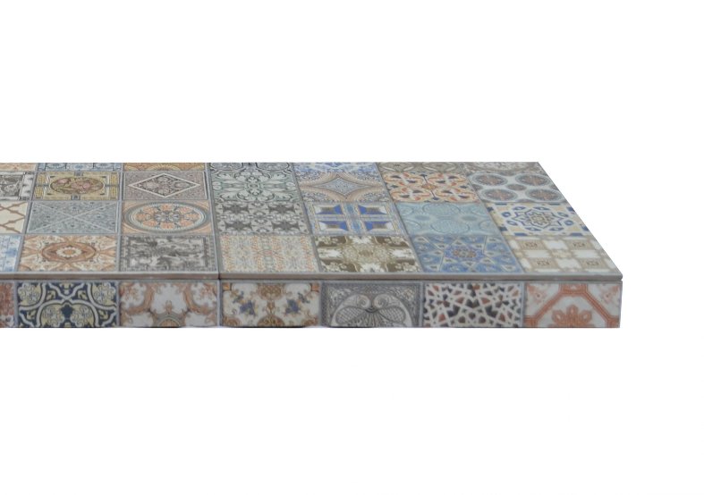 An artisan mosaic tiled hearth