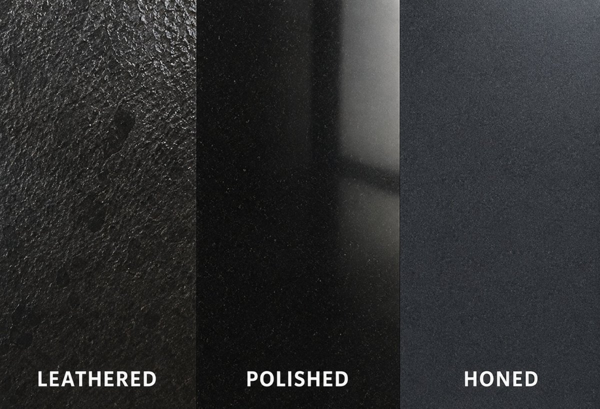 Black granite in leathered, polished and honed finishes