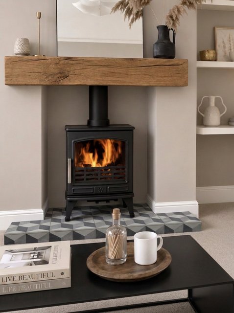Wood burning stove in a simple chamber with a geometric cubist tiled hearth