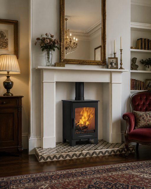 A limestone mosaic hearth beneath a stove in a Harrogate home
