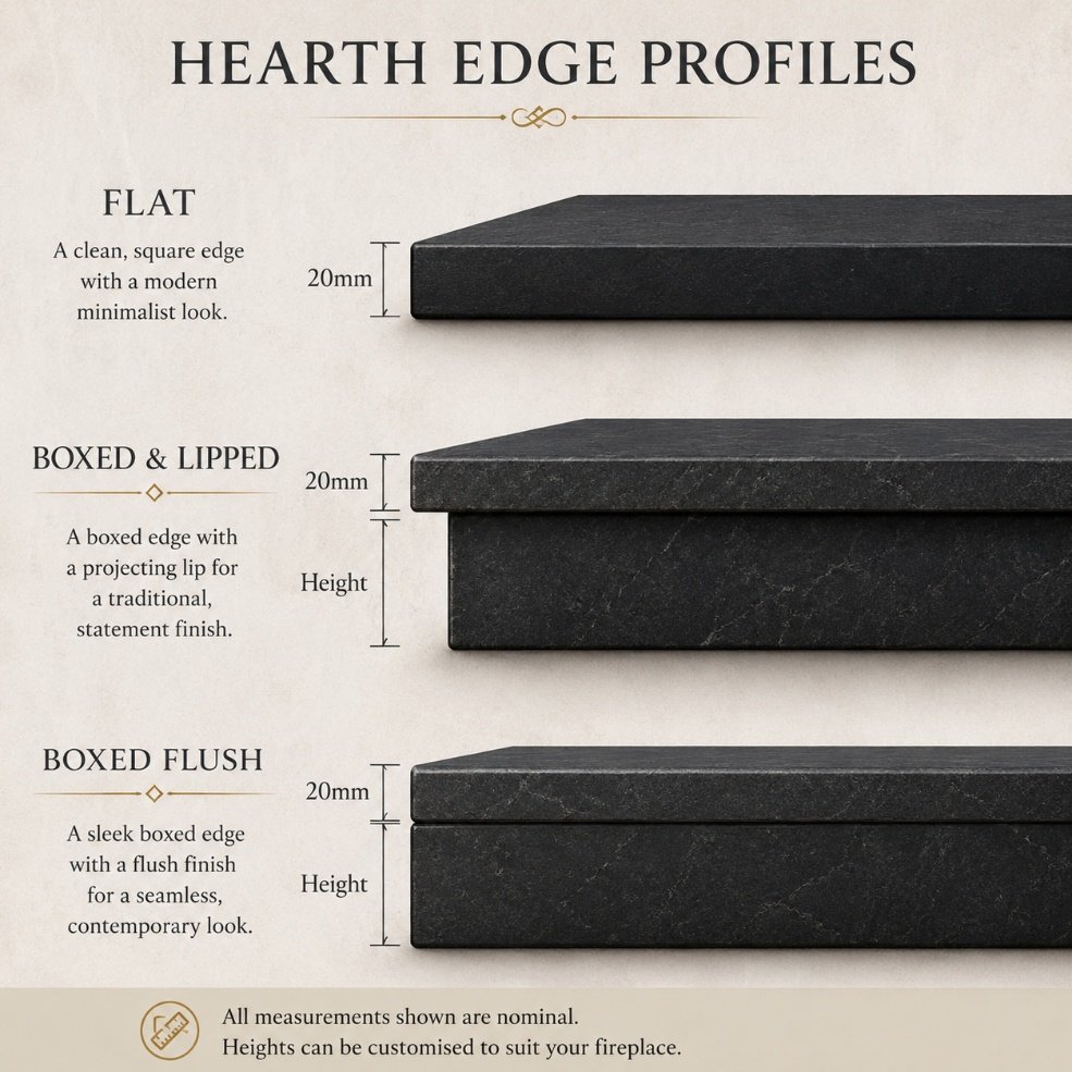 Different hearth edge and profile options cut into stone for a Wetherby home