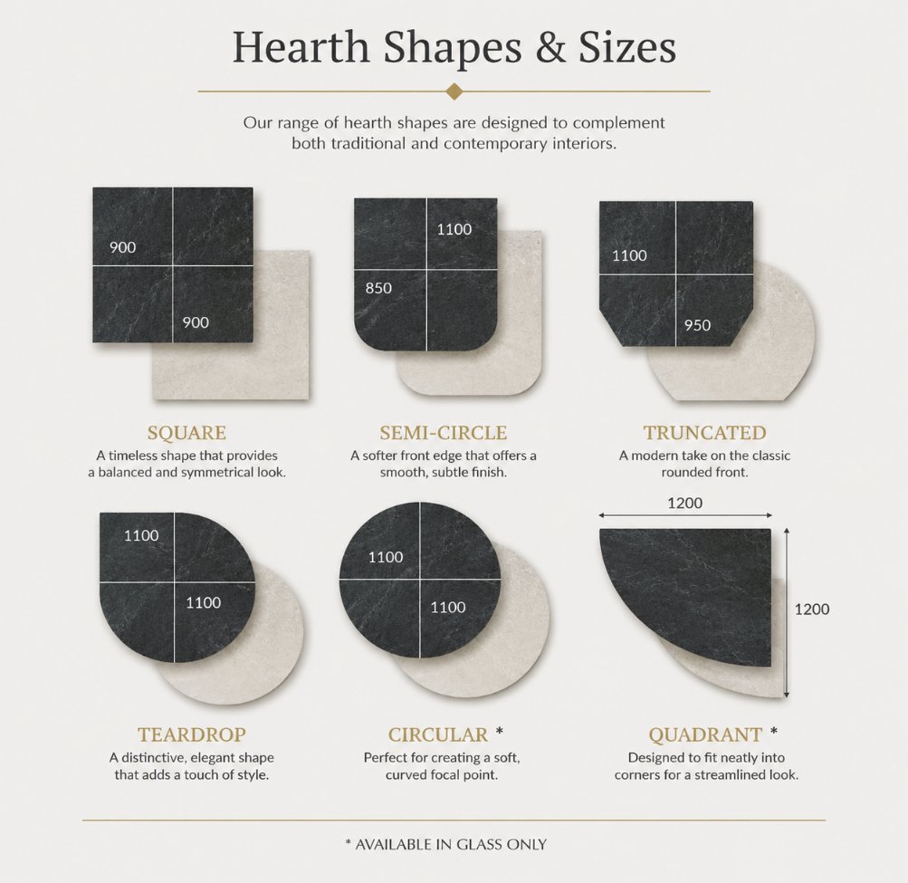 Diagram of hearth shapes and sizes including square, semi-circle, teardrop, circular and quadrant