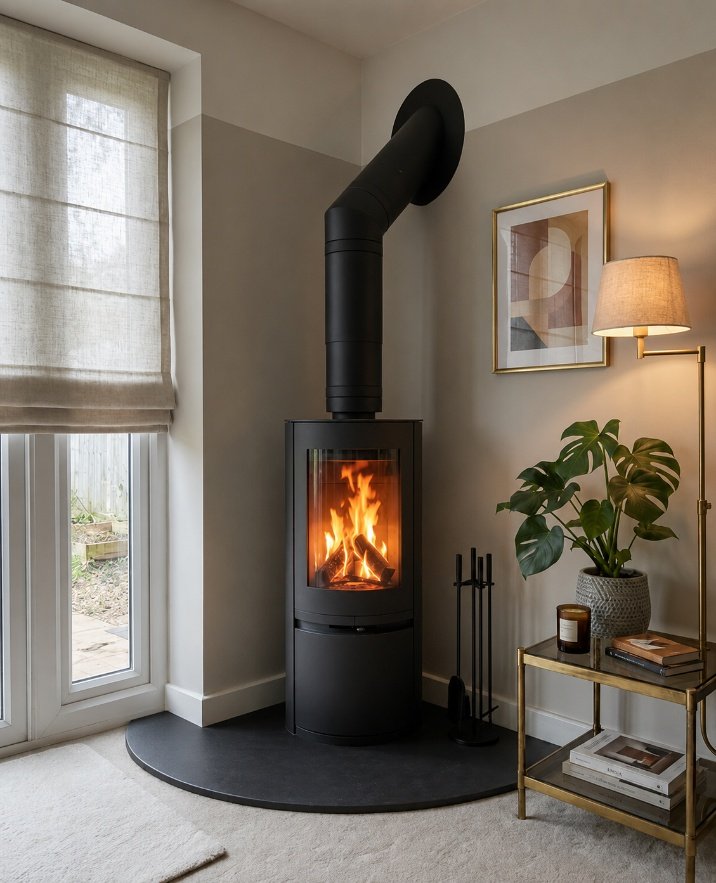 A made to measure corner hearth cut to an angled wall