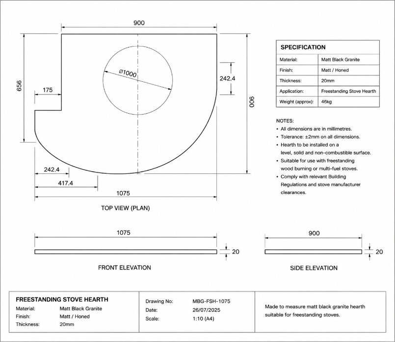 Technical drawing of a bespoke made-to-measure corner hearth