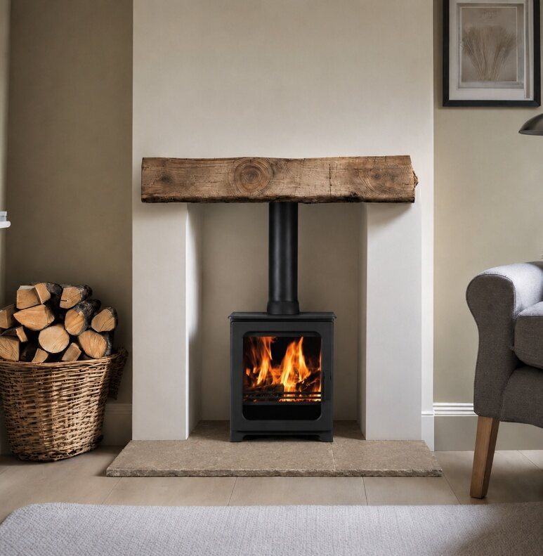 An aged olive limestone hearth installed beneath a stove