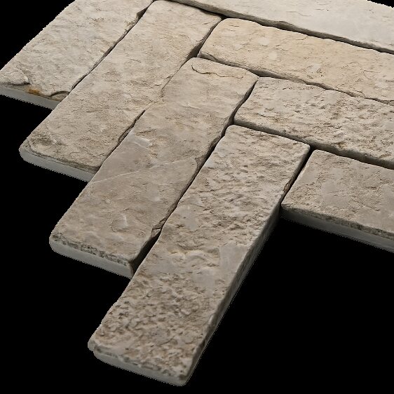 Old Mill olive limestone brick tiles laid in a herringbone pattern