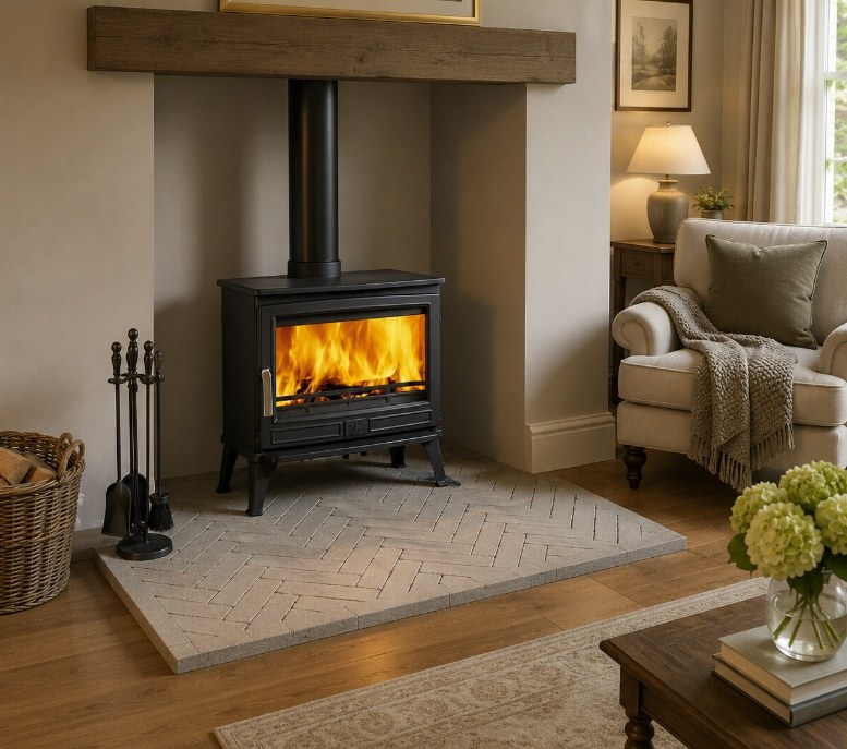 An olive limestone brick tile hearth in a herringbone pattern