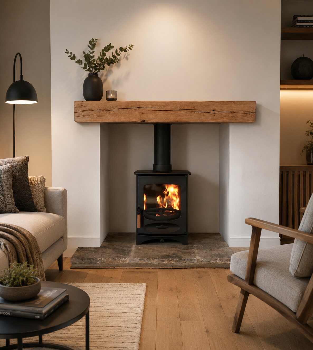 A reclaimed Yorkstone flag hearth installed